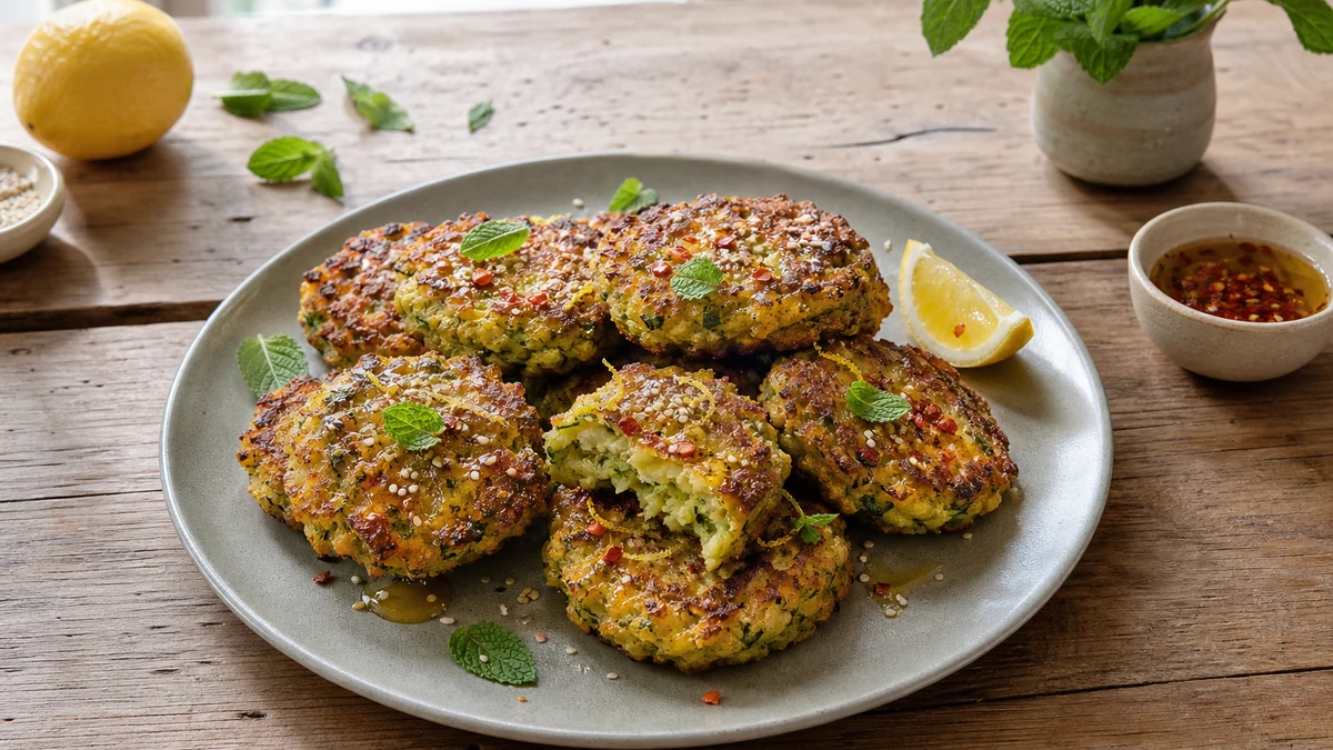 Galettes dorées de courgette et de halloumi, garnies de sésame, de menthe et d’un fin filet de miel pimenté