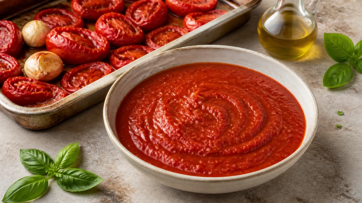 Bol de sauce tomate rouge et lisse, entouré de tomates rôties, d'ail et de basilic