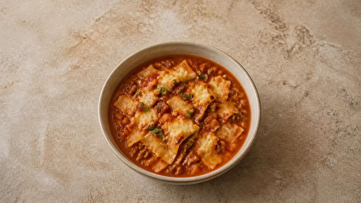 Soupe de lasagnes au bœuf et morceaux de pâtes sous un gratin doré de mascarpone et parmesan