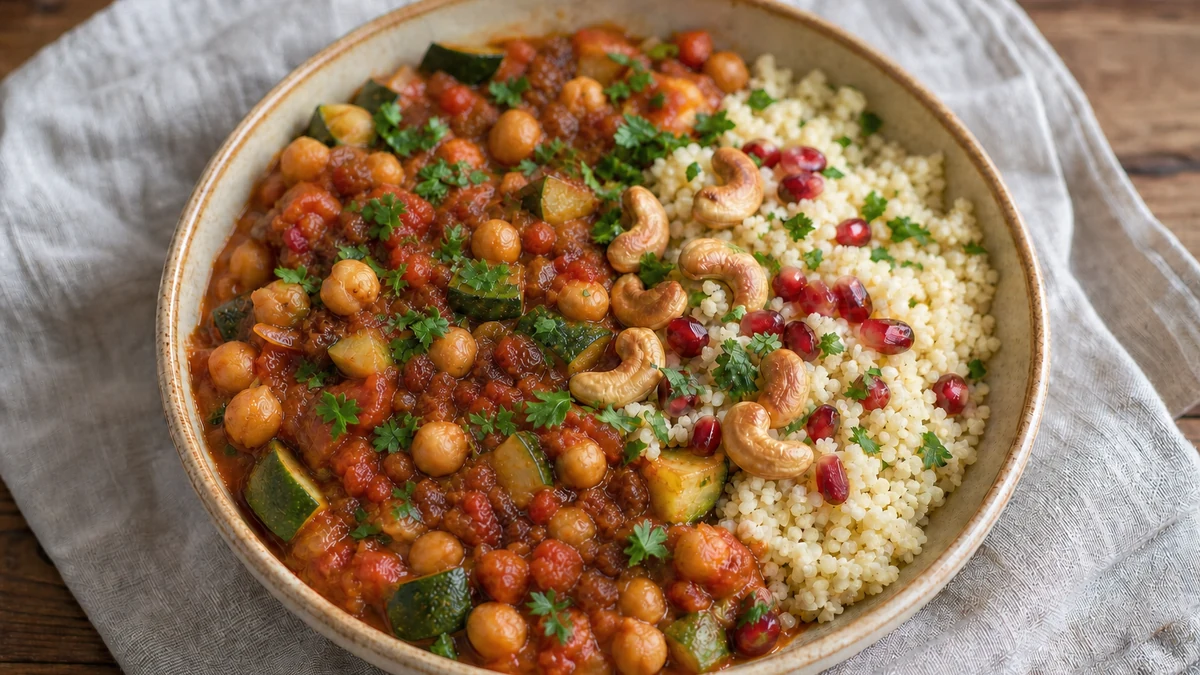 Ragoût de pois chiches, courgettes et tomates avec couscous, noix de cajou, persil et graines de grenade