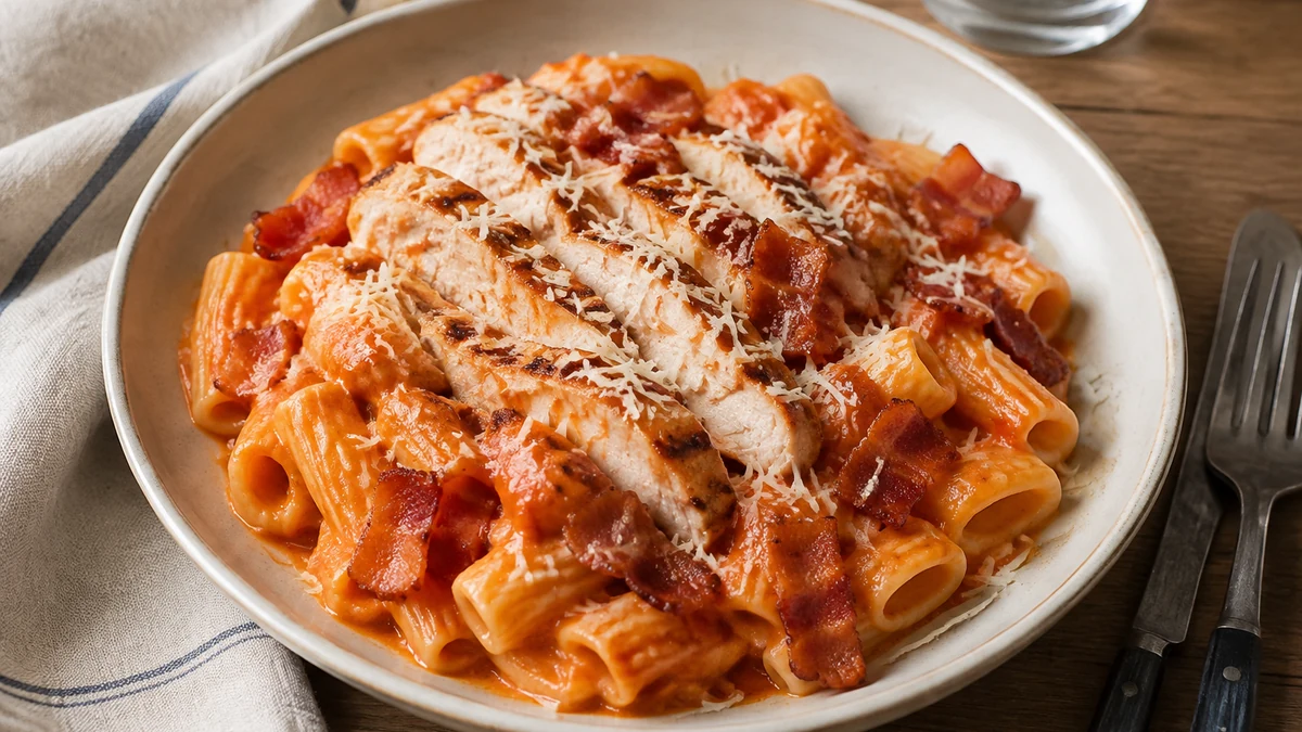 Rigatoni à la sauce tomate crémeuse avec poulet grillé, bacon croustillant et parmesan râpé