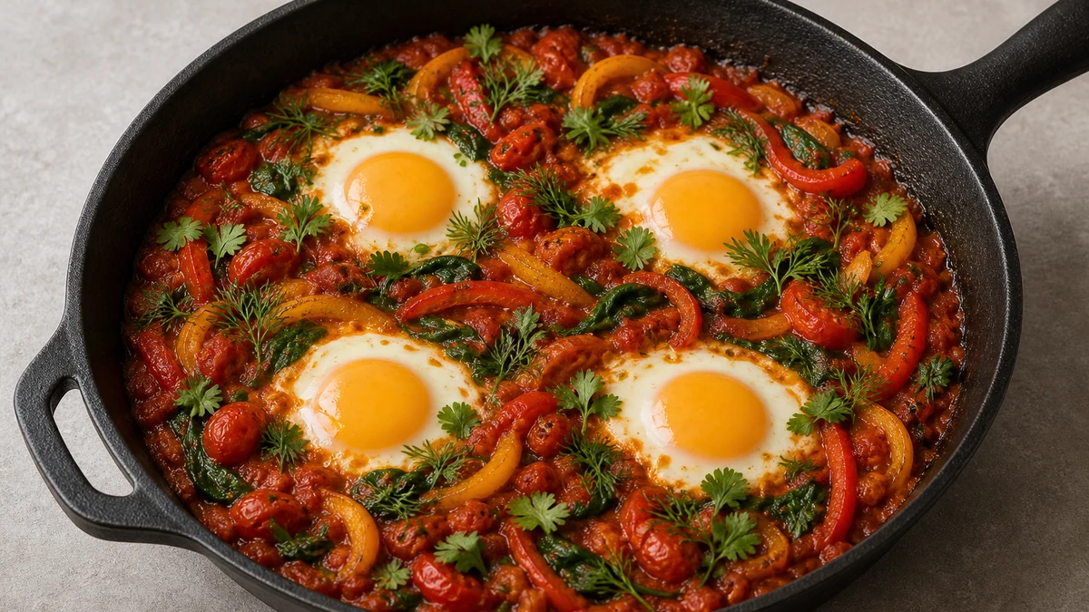 Shakshuka dans une poêle sombre avec œufs, poivrons rouge et jaune, épinards, coriandre et aneth
