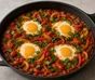 Shakshuka dans une poêle sombre avec œufs, poivrons rouge et jaune, épinards, coriandre et aneth
