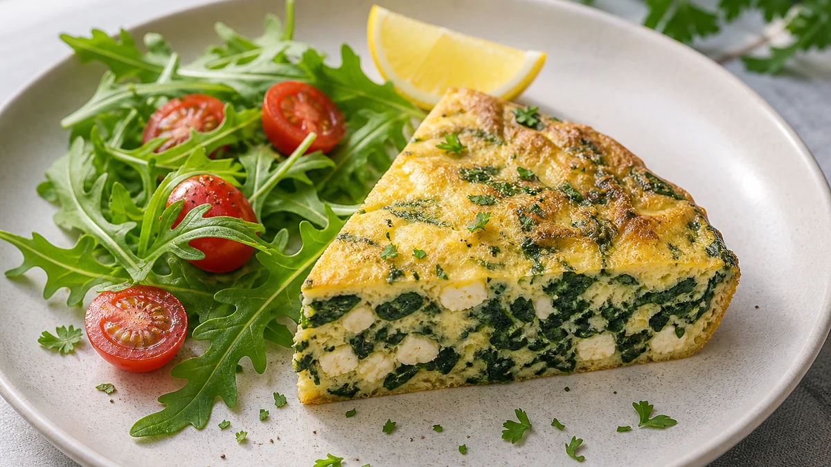Parts de frittata aux épinards et à la feta avec roquette, tomates cerises et persil frisé
