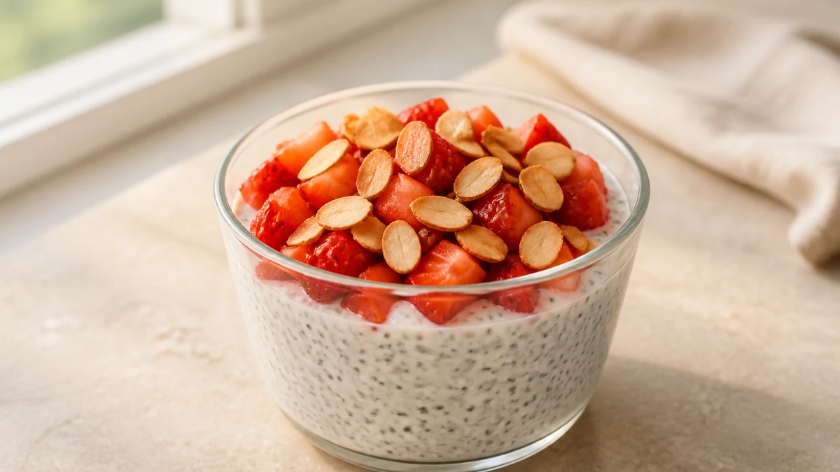 Pudding de chia au yaourt dans un verre, garni de fraises coupées et d'amandes effilées grillées