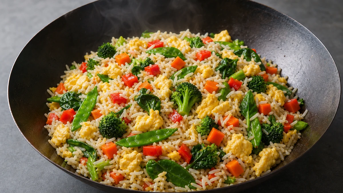 Poêle sombre garnie de riz sauté, morceaux d’œuf, épinards, brocoli, poivron rouge, carotte et pois gourmands