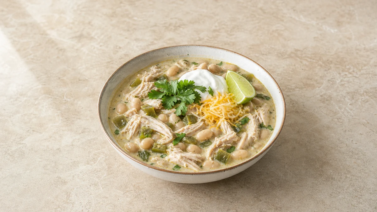 Chili blanc au poulet avec haricots blancs, poivrons verts, crème aigre, cheddar, coriandre, citron vert et chips de tortilla